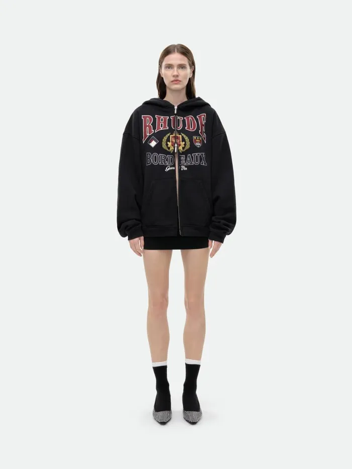 Women Rhude Tops BORDEAUX GRAND VIN ZIPUP HOODIE Black
