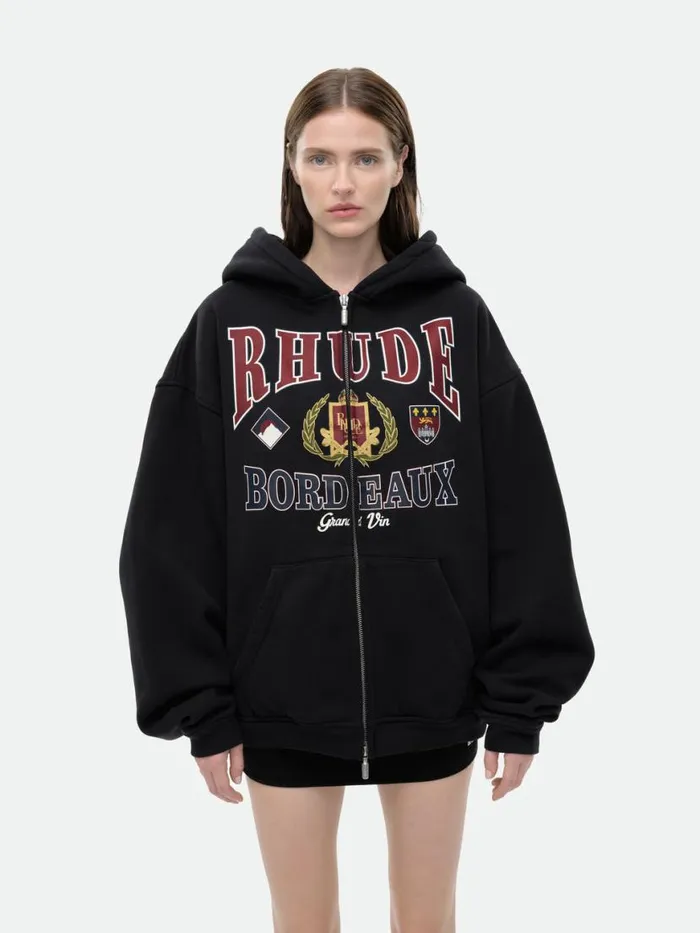 Women Rhude Tops BORDEAUX GRAND VIN ZIPUP HOODIE Black