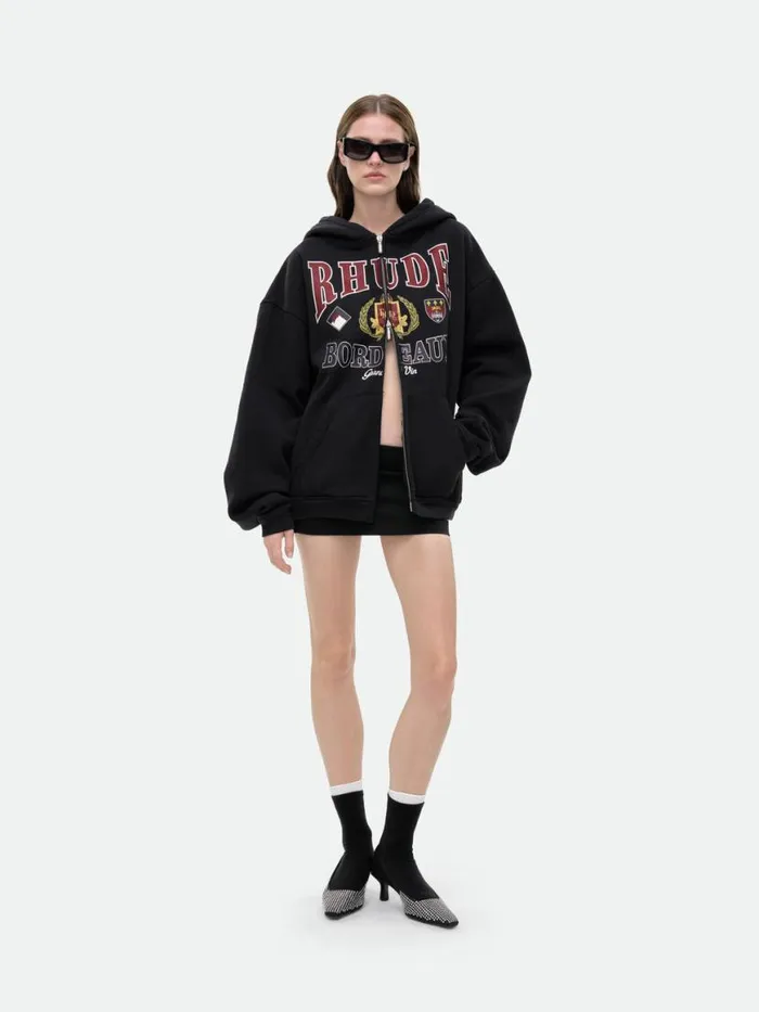 Women Rhude Tops BORDEAUX GRAND VIN ZIPUP HOODIE Black