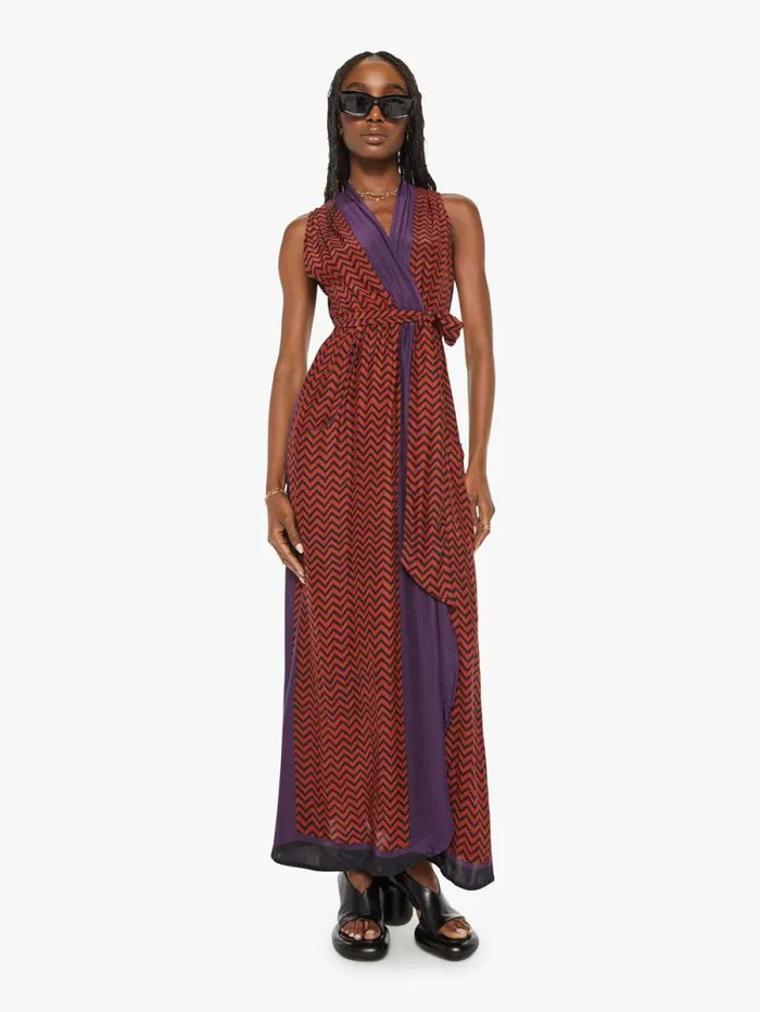 Women Skirts and Dresses Mother Denim Nico Sleeveless Maxi W Sash Block Zig Zag Print Aubergine