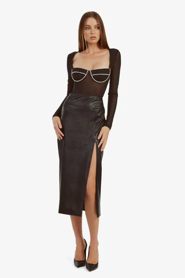 Women Skirts Bardot Dante Vegan Leather Midi Skirt In Black Black Women Skirts Bardot Dante Vegan Leather Midi Skirt In Black Black