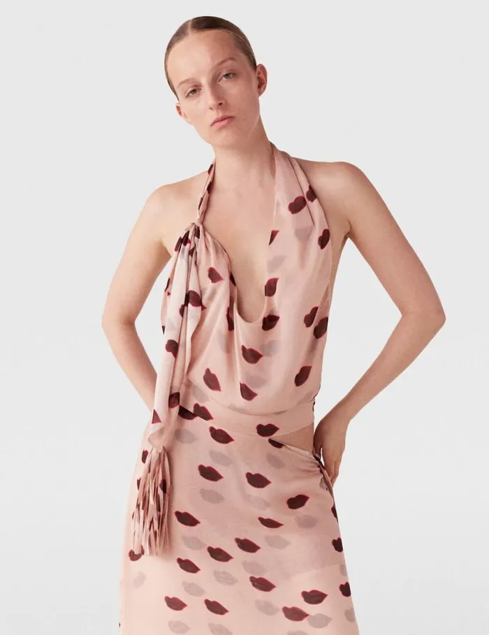 Women Sleeveless Lips Print Midi Dress Dusty Pink And Red Stella McCartney Dresses