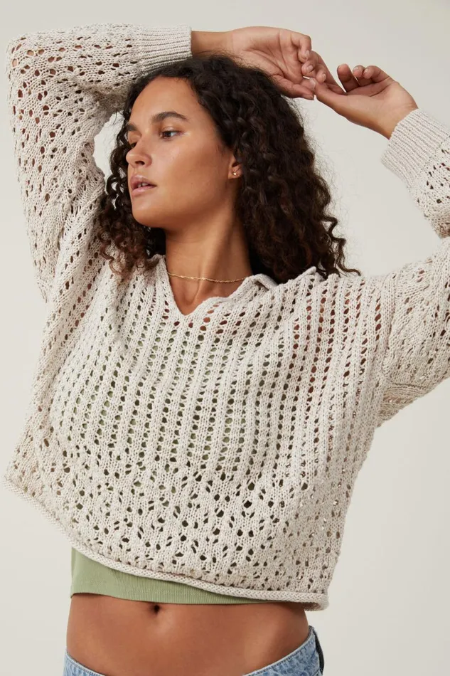 Women Sweaters and Cardigans Cotton On Crochet Collar Pullover Stone