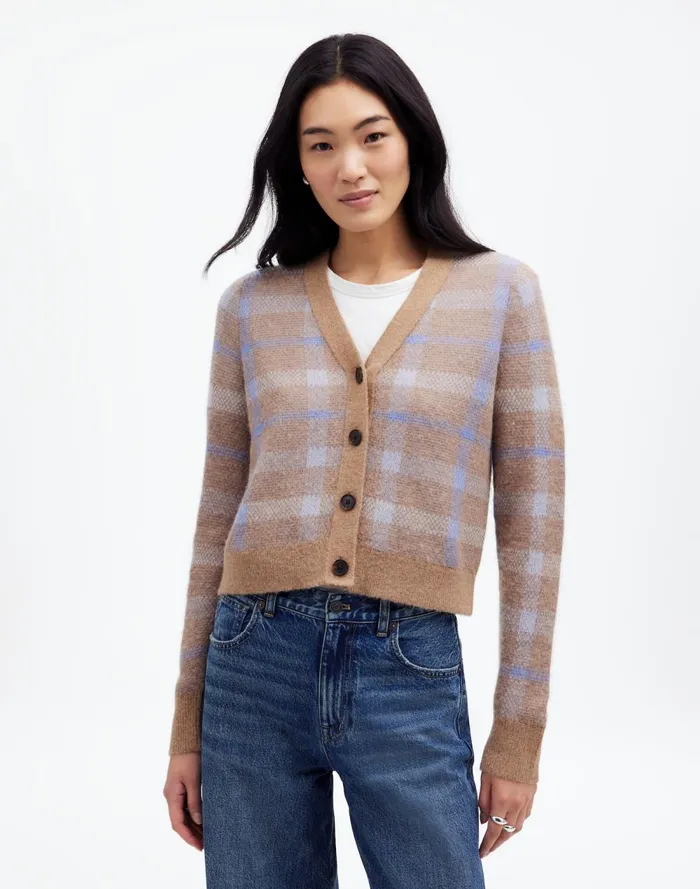 Women Sweaters Madewell AlpacaBlend VNeck Cardigan In Plaid Warm Camel Plaid