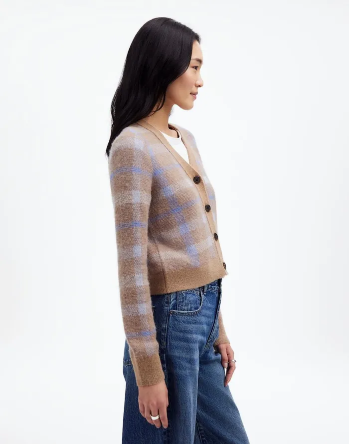 Women Sweaters Madewell AlpacaBlend VNeck Cardigan In Plaid Warm Camel Plaid