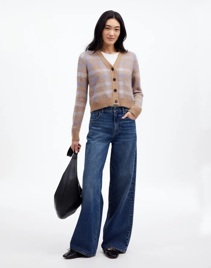Women Sweaters Madewell AlpacaBlend VNeck Cardigan In Plaid Warm Camel Plaid