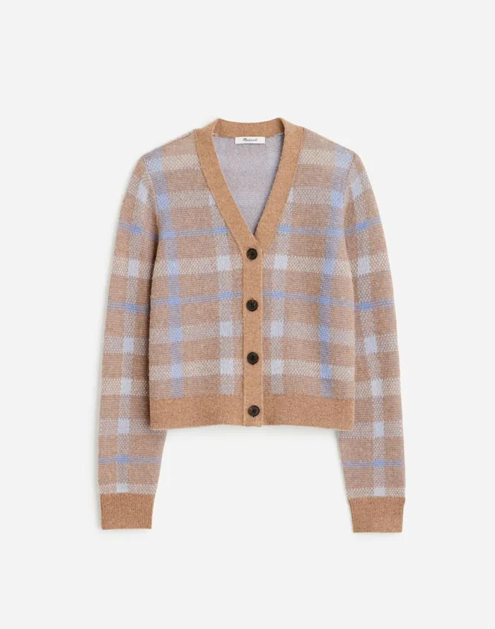 Women Sweaters Madewell AlpacaBlend VNeck Cardigan In Plaid Warm Camel Plaid