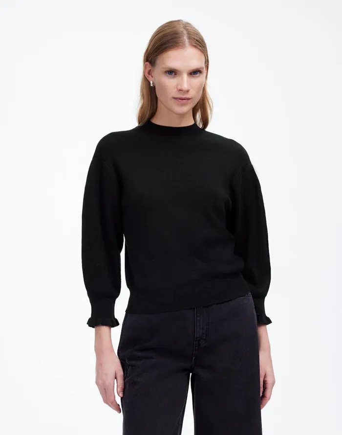 Women Sweaters Madewell Merino Wool Ruffle Mockneck Sweater True Black