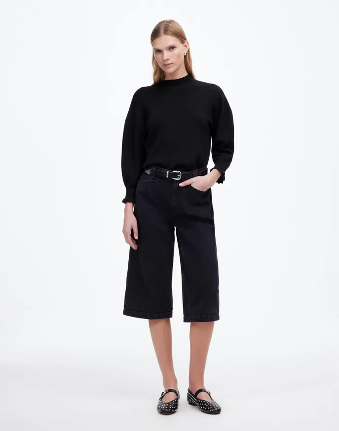 Women Sweaters Madewell Merino Wool Ruffle Mockneck Sweater True Black