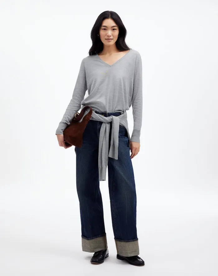 Women Sweaters Madewell Merino WoolSilk Blend VNeck Sweater Hthr Pale Silver Grey