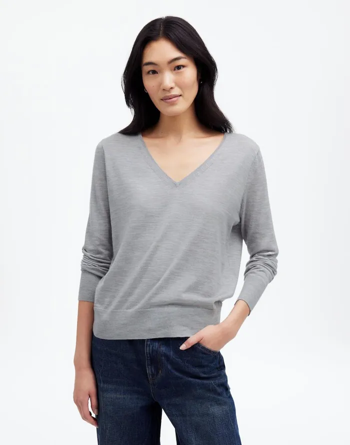 Women Sweaters Madewell Merino WoolSilk Blend VNeck Sweater Hthr Pale Silver Grey