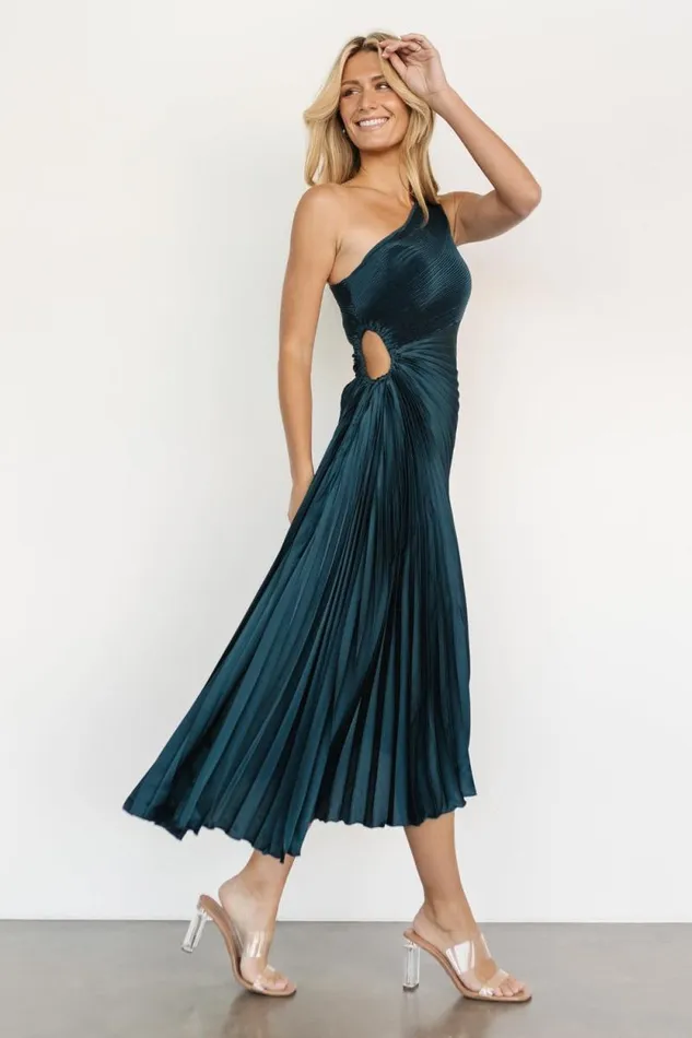Women Tasia One Shoulder Pleated Dress Deep Jade Baltic Born Midi Dresses