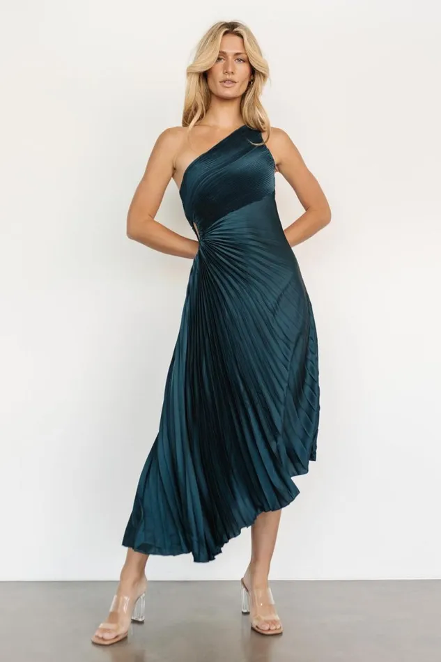 Women Tasia One Shoulder Pleated Dress Deep Jade Baltic Born Midi Dresses