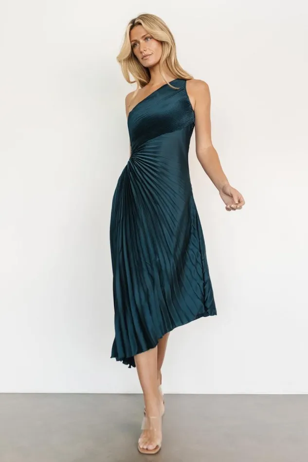 Women Tasia One Shoulder Pleated Dress Deep Jade Baltic Born Midi Dresses