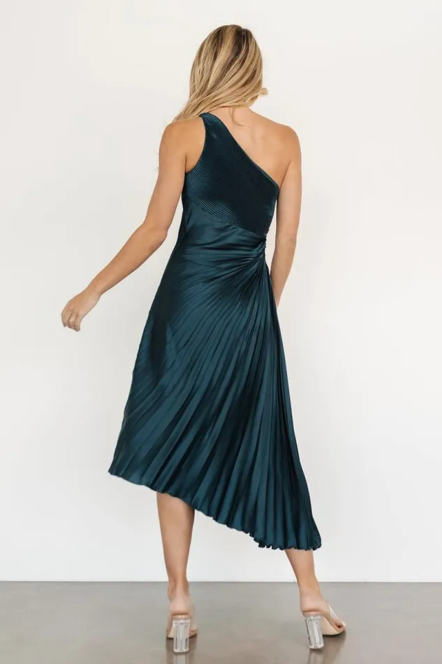 Women Tasia One Shoulder Pleated Dress Deep Jade Baltic Born Midi Dresses