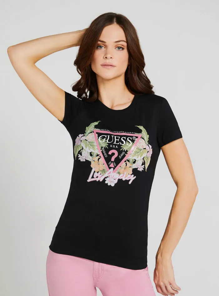 Women Tees and Tanks GUESS Eco Black Flowers Logo Tshirt
