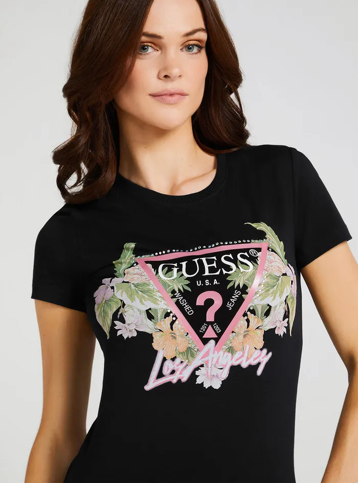 Women Tees and Tanks GUESS Eco Black Flowers Logo Tshirt Women Tees and Tanks GUESS Eco Black Flowers Logo Tshirt