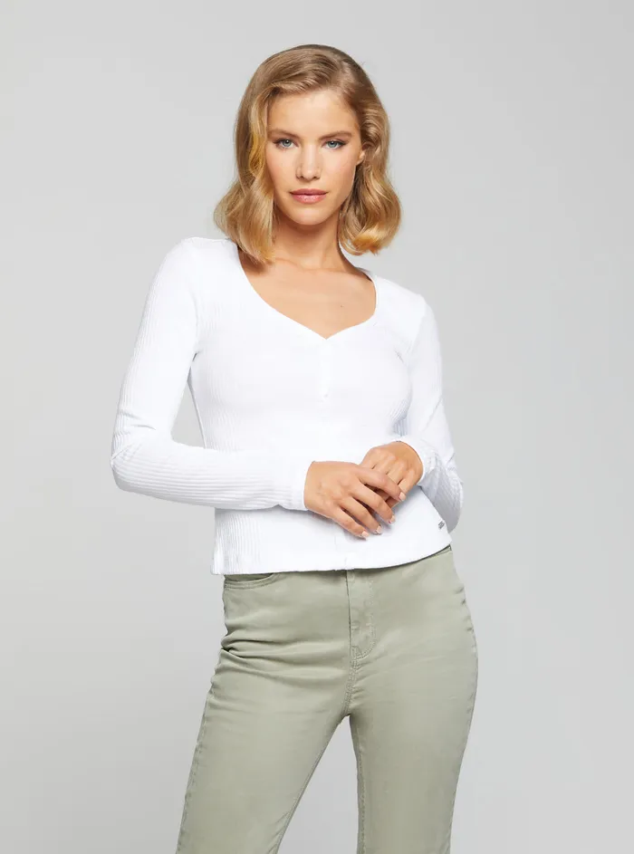 Women Tees and Tanks GUESS Eco White Raylynn Rib Henley Top