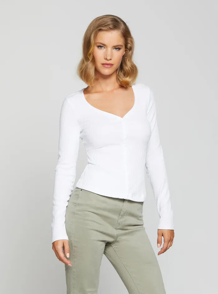 Women Tees and Tanks GUESS Eco White Raylynn Rib Henley Top Women Tees and Tanks GUESS Eco White Raylynn Rib Henley Top