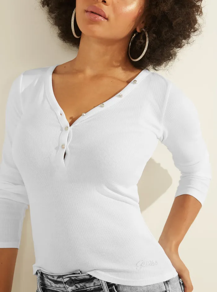 Women Tees and Tanks GUESS Eco White Rhinestone Logo Henley Top