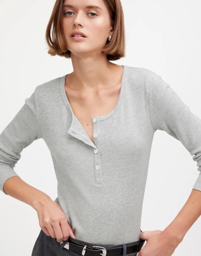 Women Tees Madewell Heathered WaffleKnit Scoopneck Henley Tee Hthr Grey