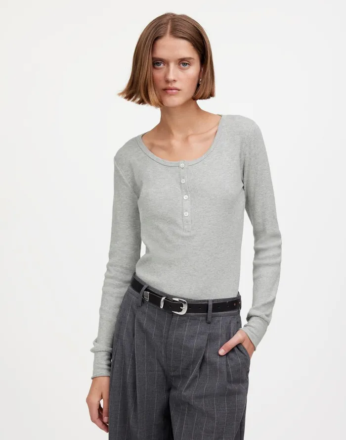 Women Tees Madewell Heathered WaffleKnit Scoopneck Henley Tee Hthr Grey