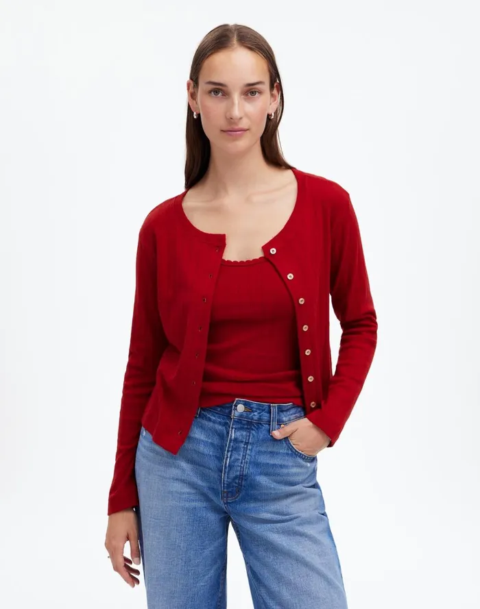 Women Tees Madewell Madewell X LESET Pointelle Classic Crew Cardigan Red