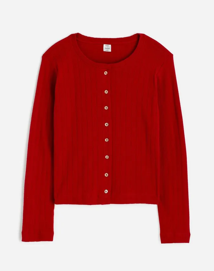 Women Tees Madewell Madewell X LESET Pointelle Classic Crew Cardigan Red