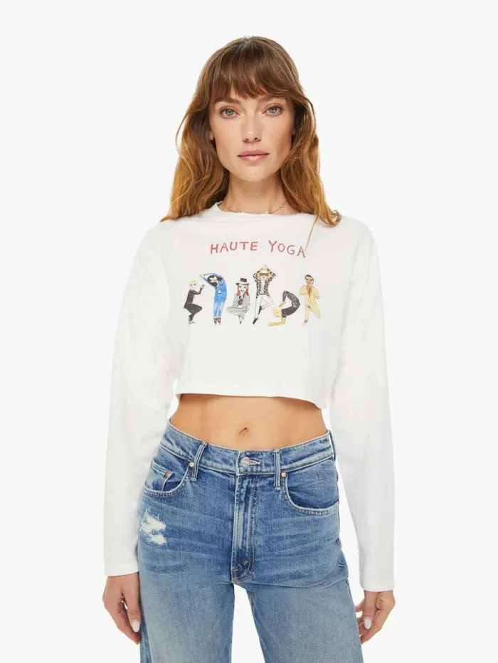 Women Tees Tanks Mother Denim Haute Yoga Long Sleeve Crop Tee White