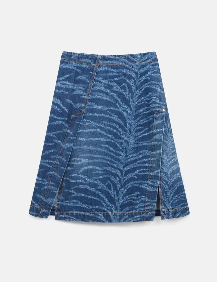 Women Tiger Pattern Asymmetric HighRise Midi Skirt Vintage Wash Blue Denim Stella McCartney Denim
