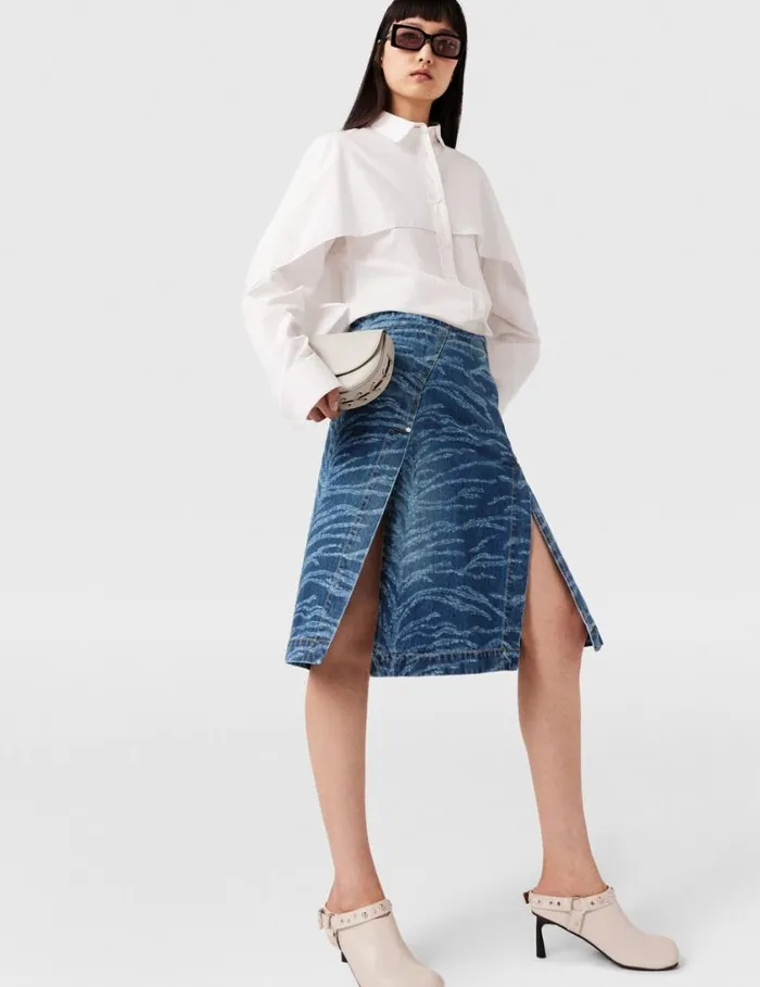 Women Tiger Pattern Asymmetric HighRise Midi Skirt Vintage Wash Blue Denim Stella McCartney Denim Women Tiger Pattern Asymmetric HighRise Midi Skirt Vintage Wash Blue Denim Stella McCartney Denim