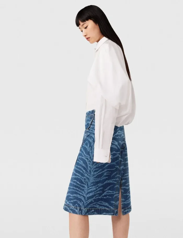 Women Tiger Pattern Asymmetric HighRise Midi Skirt Vintage Wash Blue Denim Stella McCartney Denim Women Tiger Pattern Asymmetric HighRise Midi Skirt Vintage Wash Blue Denim Stella McCartney Denim