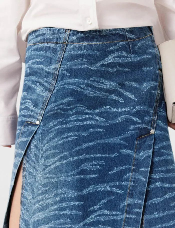 Women Tiger Pattern Asymmetric HighRise Midi Skirt Vintage Wash Blue Denim Stella McCartney Denim Women Tiger Pattern Asymmetric HighRise Midi Skirt Vintage Wash Blue Denim Stella McCartney Denim