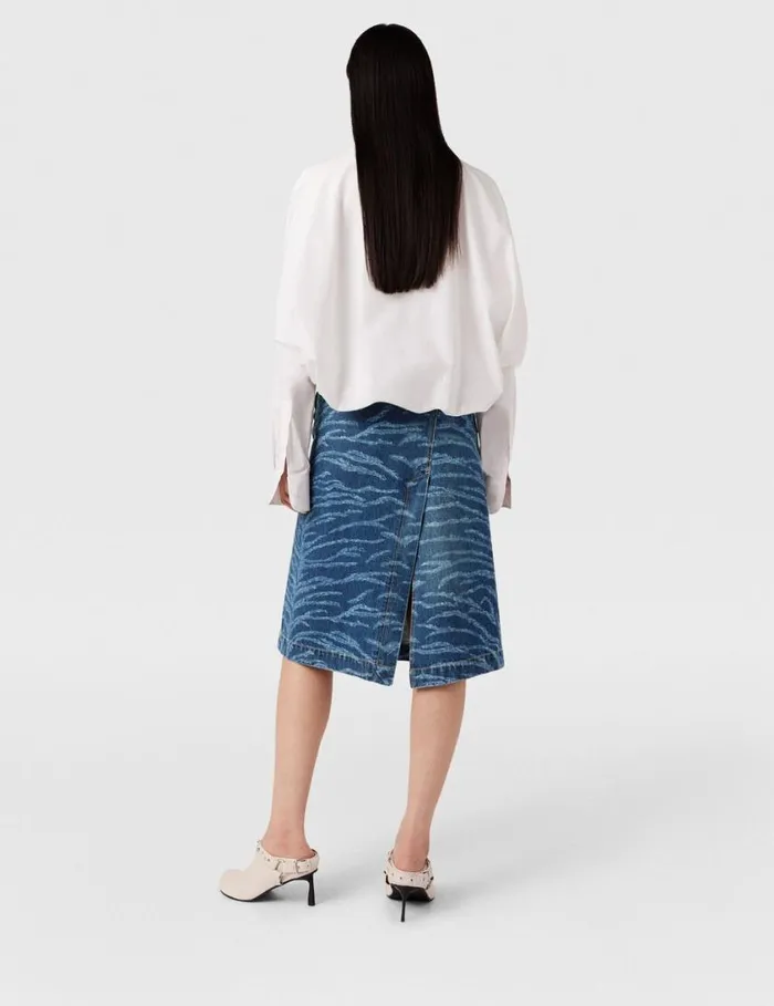 Women Tiger Pattern Asymmetric HighRise Midi Skirt Vintage Wash Blue Denim Stella McCartney Denim Women Tiger Pattern Asymmetric HighRise Midi Skirt Vintage Wash Blue Denim Stella McCartney Denim