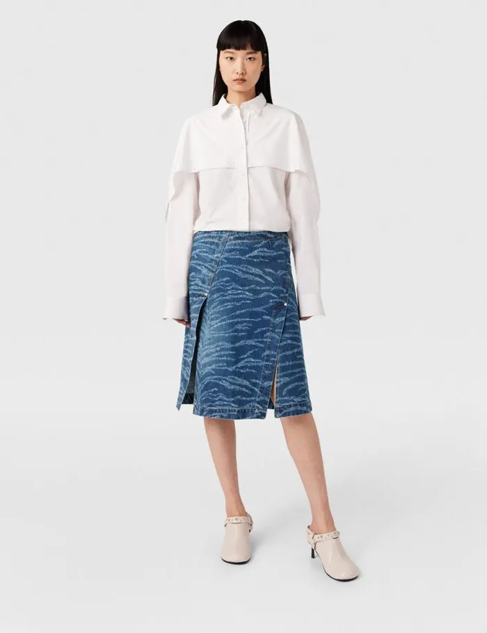 Women Tiger Pattern Asymmetric HighRise Midi Skirt Vintage Wash Blue Denim Stella McCartney Denim Women Tiger Pattern Asymmetric HighRise Midi Skirt Vintage Wash Blue Denim Stella McCartney Denim