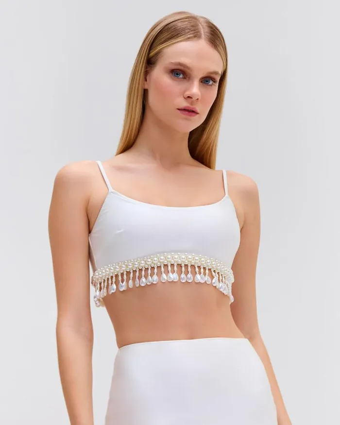 Women Tops and Bodysuits PatBO HANDBEADED CROPPED TOP White