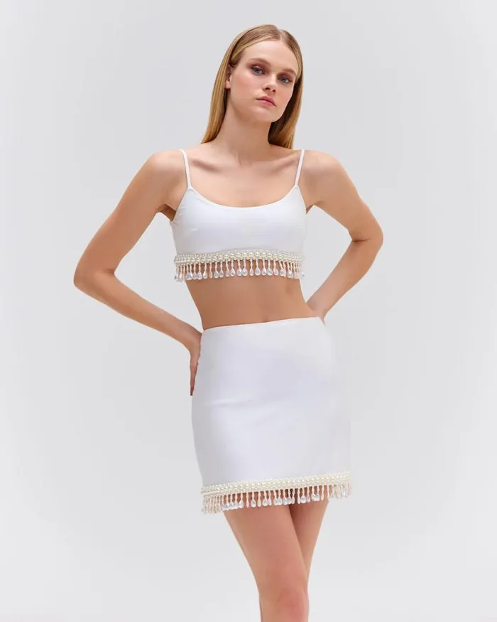 Women Tops and Bodysuits PatBO HANDBEADED CROPPED TOP White