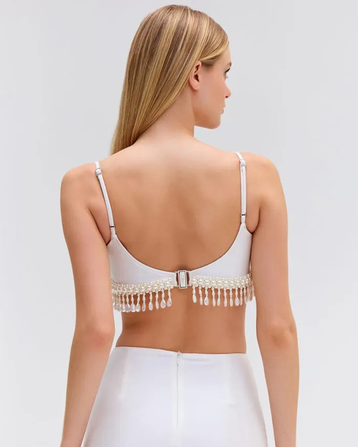 Women Tops and Bodysuits PatBO HANDBEADED CROPPED TOP White