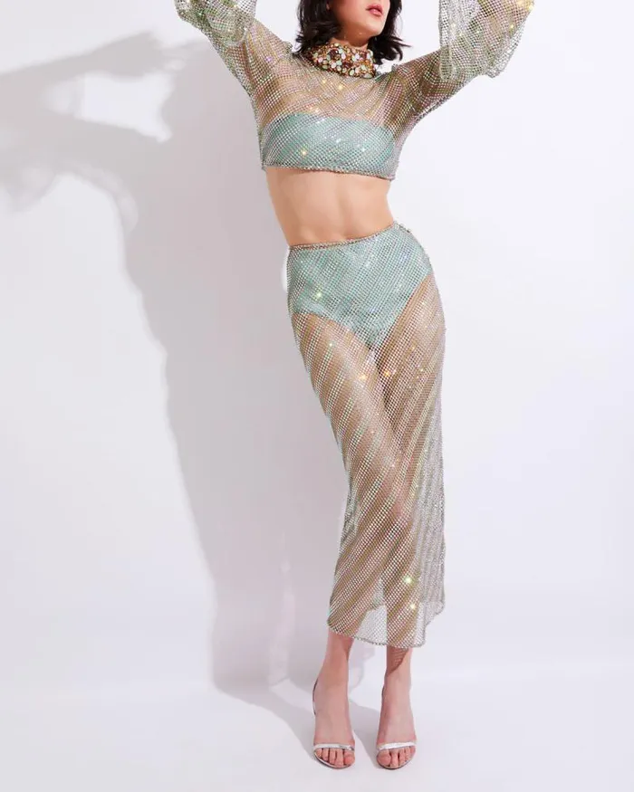 Women Tops and Bodysuits PatBO HandBeaded Rhinestone Netted Top EXCLUSIVE FINAL SALE Green Stripe