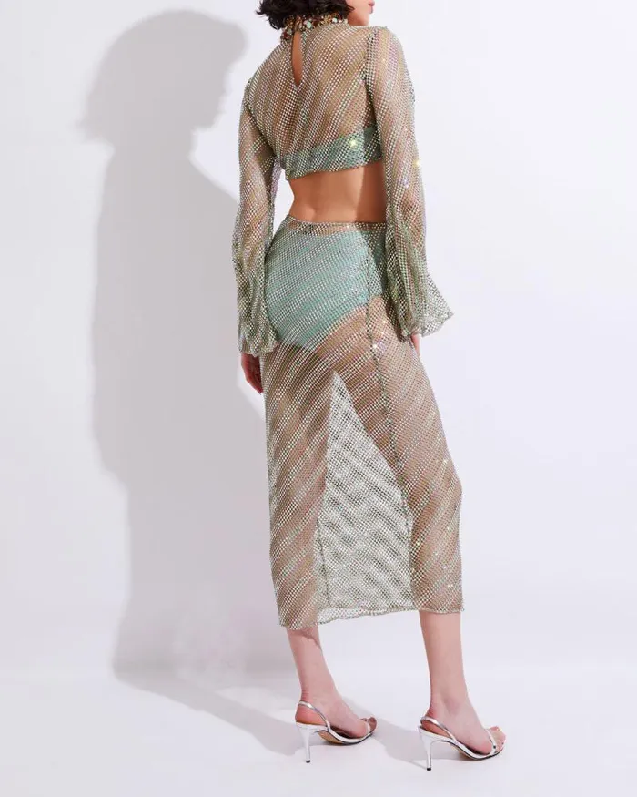 Women Tops and Bodysuits PatBO HandBeaded Rhinestone Netted Top EXCLUSIVE FINAL SALE Green Stripe