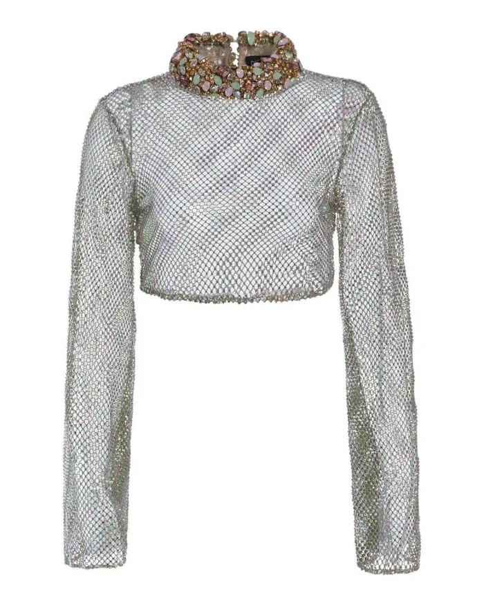 Women Tops and Bodysuits PatBO HandBeaded Rhinestone Netted Top EXCLUSIVE FINAL SALE Green Stripe