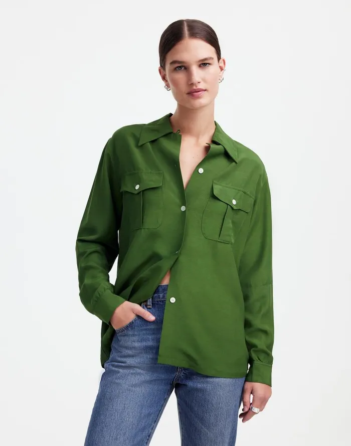 Women Tops and Shirts Madewell Alexa Chung For Madewell PleatPocket ButtonUp Shirt Dark Pine Women Tops and Shirts Madewell Alexa Chung For Madewell PleatPocket ButtonUp Shirt Dark Pine