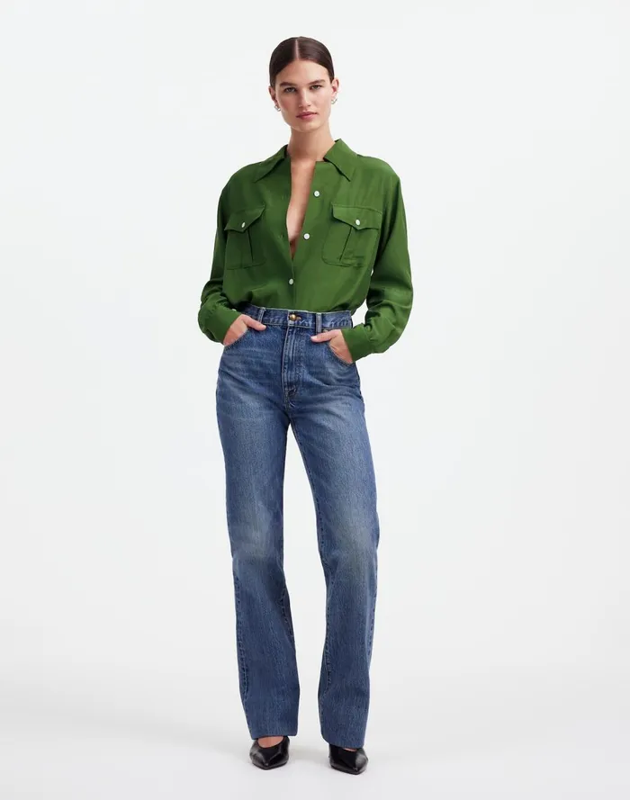 Women Tops and Shirts Madewell Alexa Chung For Madewell PleatPocket ButtonUp Shirt Dark Pine