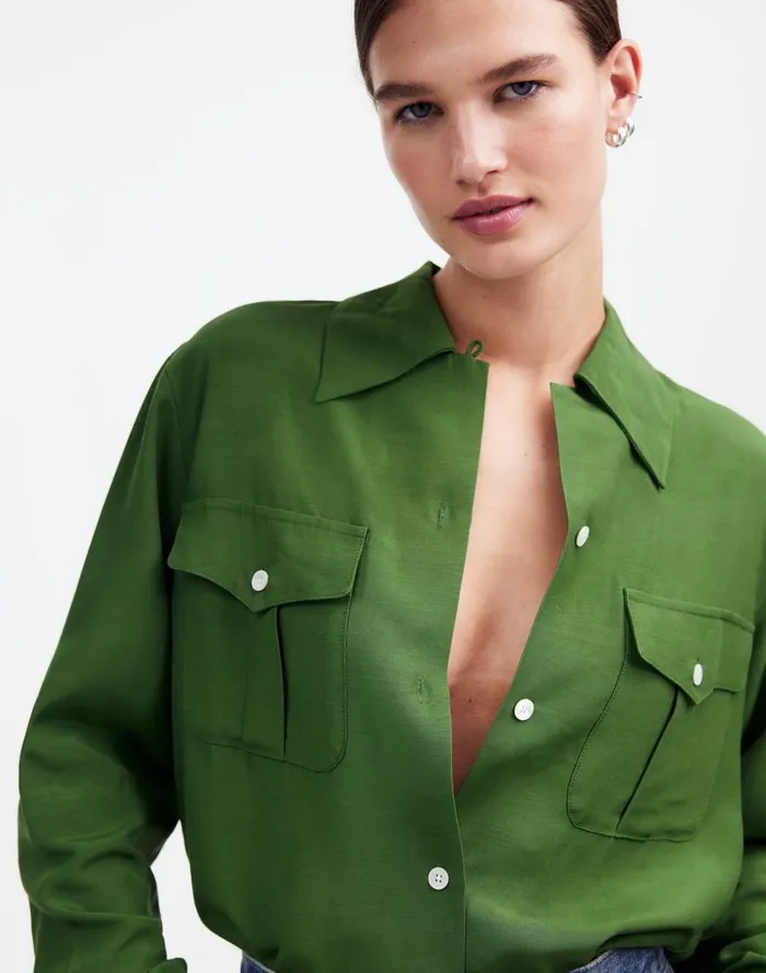 Women Tops and Shirts Madewell Alexa Chung For Madewell PleatPocket ButtonUp Shirt Dark Pine
