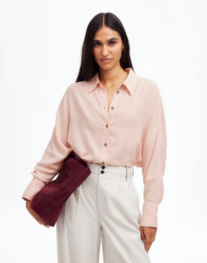 Women Tops and Shirts Madewell Heathered Flannel Dolman ButtonUp Shirt Pink Heather