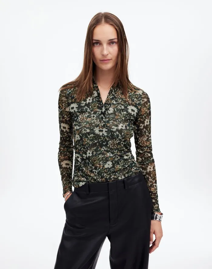 Women Tops and Shirts Madewell LongSleeve Polo Top In Floral Mesh Mossy Umber