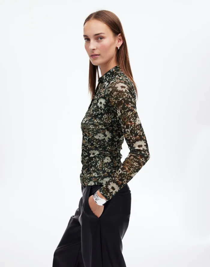 Women Tops and Shirts Madewell LongSleeve Polo Top In Floral Mesh Mossy Umber