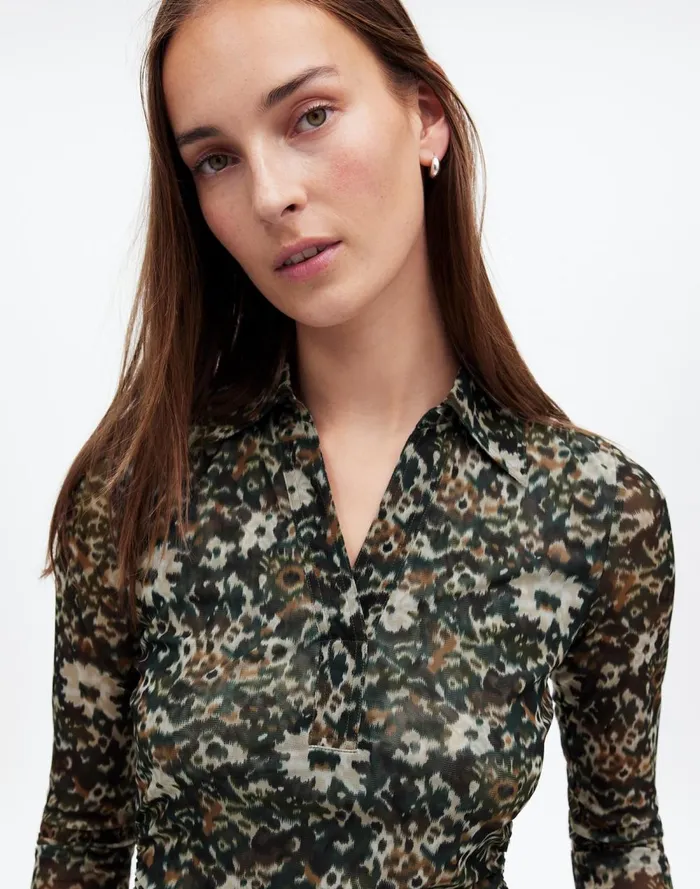 Women Tops and Shirts Madewell LongSleeve Polo Top In Floral Mesh Mossy Umber