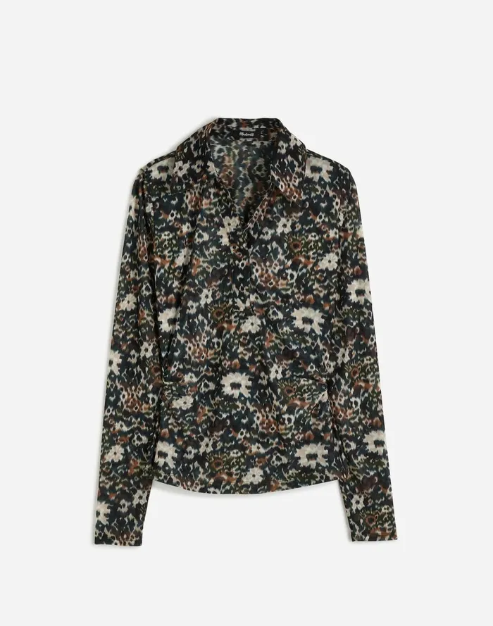 Women Tops and Shirts Madewell LongSleeve Polo Top In Floral Mesh Mossy Umber