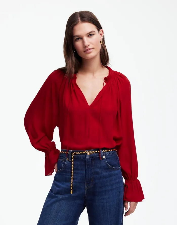 Women Tops and Shirts Madewell LongSleeve TieNeck Top Crimson Berry